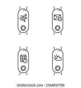 Fitness tracker notifications linear icons set. Wellness device with weather forecast. Gadget with calendar, mail reminder. Thin line symbols. Isolated vector outline illustrations. Editable stroke