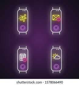 Fitness tracker notifications neon light icons set. Wellness device with weather forecast and active movement control. Gadget with calendar, mail reminder. Glowing signs. Vector isolated illustrations