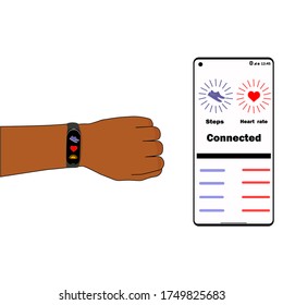 Fitness tracker on hand. App on the phone.The tracker shows the number of steps. The application on the phone shows the number of steps taken. App on the phone with heartbeat tracking. Similar 