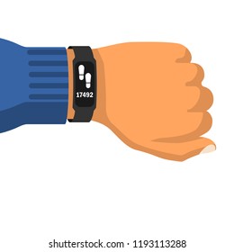 Fitness tracker on hand. Sport accessories smart band. Pedometer with activity indicator. Heartbeat pulse meter. Sport bracelet. Vector illustration flat design. Isolated on white background.