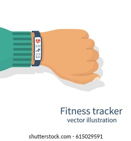 Fitness tracker on man's hand. Isolated on white background. Pulse monitor athlete. Monitoring health. Vector illustration flat design. Smart wearable device. Information on screen: pulse, distance.