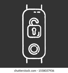 Fitness tracker with open padlock chalk icon. Wearable wellness device with remote unlocking function. Portable digital device with security control option. Isolated vector chalkboard illustration