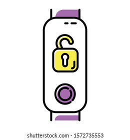 Fitness tracker with open padlock color icon. Wearable wellness device with remote unlocking function. Portable digital device with security control option. Isolated vector illustration