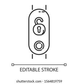 Fitness tracker with open padlock linear icon. Wearable wellness device with remote unlocking function.Thin line illustration. Contour symbol. Vector isolated outline drawing. Editable stroke