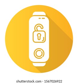 Fitness tracker with open padlock yellow flat design long shadow glyph icon. Wellness device with remote unlocking function. Digital device with security control option. Vector silhouette illustration