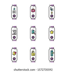 Fitness tracker options on display color icons set. Healthy lifestyle accessory. Wearable wellness gadget with lost phone finder, smart home notifications. Isolated vector illustrations