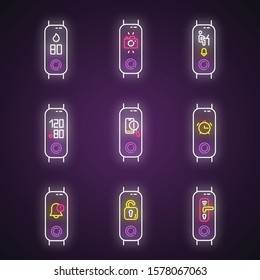 Fitness tracker options on display neon light icons set. Healthy lifestyle accessory. Wearable wellness gadget with lost phone, smart home notifications. Glowing signs. Vector isolated illustrations