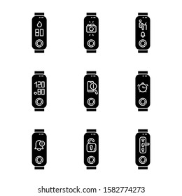 Fitness tracker options on display glyph icons set. Healthy lifestyle accessory. Wellness gadget with lost phone finder, smart home notifications. Silhouette symbols. Vector isolated illustration