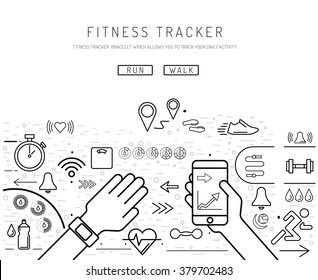 Fitness tracker with pedometer function. Fitness tracker with heart rate monitor.Outline fitness tracker with alarm function. Sync your fitness tracker with your smart phone. Outline icon style.