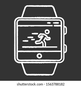 Fitness tracker running application chalk icon. Smartwatch function, wellness service. Healthcare and sport app. Speedometer and steps tracking. Isolated vector chalkboard illustration