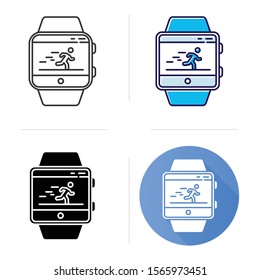 Fitness tracker running application icon. Flat design, linear and color styles. Smartwatch function, wellness service. Healthcare, sport app. Speedometer, steps tracking. Isolated vector illustrations
