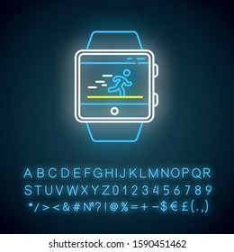 Fitness tracker running application neon light icon. Smartwatch function. Sport app. Speedometer and steps tracking. Glowing sign with alphabet, numbers and symbols. Vector isolated illustration