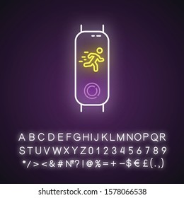 Fitness tracker with running man silhouette on display neon light icon. Wellness gadget monitoring fast movement. Glowing sign with alphabet, numbers and symbols. Vector isolated illustration