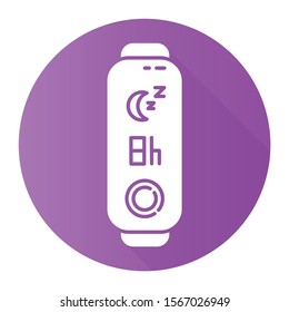 Fitness tracker with sleep time violet flat design long shadow glyph icon. Wearable gadget for monitoring night rest duration. Wellness device with relax period control. Vector silhouette illustration