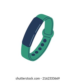 Rastreador de fitness. Pulsera inteligente para contar pasos y medir el pulso. Ilustración vectorial dibujada a mano aislada en fondo blanco. Estilo de caricatura plano.