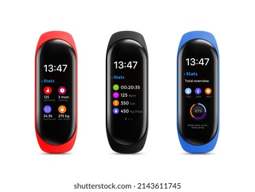 Rastreador de fitness o reloj inteligente, pantalla de interfaz. Pulseras vectoriales, maquillaje de artilugios inteligentes para monitorear parámetros de salud como latido de corazón, calorías, pasos y tiempo. Dispositivo electrónico moderno