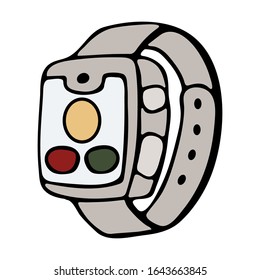 Fitness tracker inteligente con monitor de ritmo cardíaco, diseño de estilo vectorial de doodle de caricatura. Aparato moderno y elegante. ilustración de fondo blanco aislado