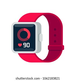 Fitness tracker smart watch illustration with heart rate monitor, flat cartoon vector style design. Modern stylish wearable device. svg