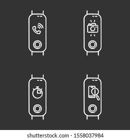 Fitness tracker and smartphone synchronization chalk icons set. Incoming call and lost phone location option. Distance camera access and stopwatch pictograms. Isolated vector chalkboard illustrations