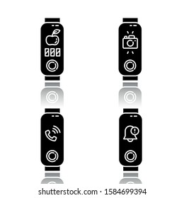 Fitness tracker and smartphone synchronization drop shadow black glyph icons set. Incoming call and notification option. Distance camera access and diet pictogram. Isolated vector illustrations