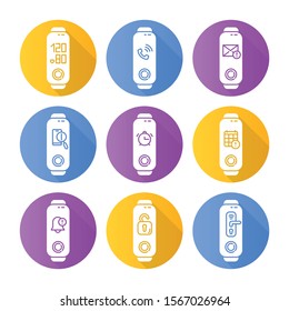 Fitness tracker and smartphone synchronization flat design long shadow glyph icons set. Incoming call and lost phone location option. Alarm clock and calendar pictogram. Vector silhouette illustration