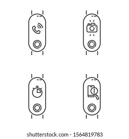 Fitness tracker and smartphone synchronization linear icons set. Incoming call and lost phone option. Distance camera access. Thin line symbols. Isolated vector outline illustrations. Editable stroke