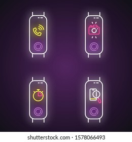 Fitness tracker and smartphone synchronization neon light icons set. Incoming call and lost phone location option. Distance camera access and stopwatch. Glowing signs. Vector isolated illustrations