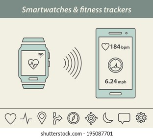 Fitness tracker & smartwatch icons. Smartwatch or fitness tracker connect to smart phone