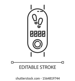 Fitness tracker with step counter linear icon. Thin line illustration. Wellness device with pedometer. Active lifestyle gadget. Contour symbol. Vector isolated outline drawing. Editable stroke