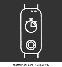 Fitness tracker with stop watch on display chalk icon. Wellness device with digital timer. Active lifestyle gadget, chronometer for accurate time measurement. Isolated vector chalkboard illustration