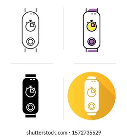 Fitness tracker with stop watch on display icons set. Trendy wellness device with digital timer. Active lifestyle gadget with chronometer. Linear, black and color styles. Isolated vector illustrations