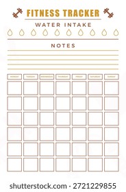 Fitness tracker template featuring water intake log and weekly workout schedule for health tracking, exercise planning, and digital journal or social media use.