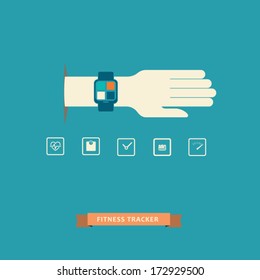 Fitness tracker wearable technology infographics with set of icons for fitness trackers. Eps10 vector illustration