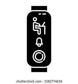 Fitness tracker with working man on display glyph icon. Wellness device, gadget monitoring work hours with notification. Silhouette symbol. Negative space. Vector isolated illustration