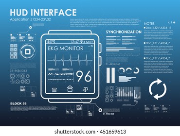 fitness tracker wrist, medical gadget for health monitoring. The various elements in the style HUD. Cardiogram heart rhythm