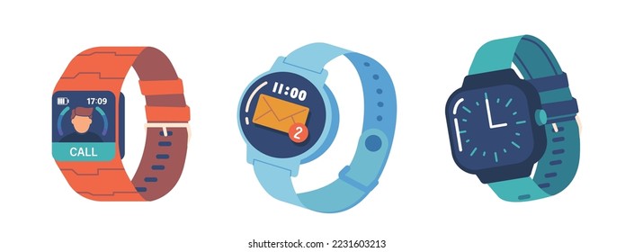 Fitness Trackers, Smart Watches with Call or Sms Notification on Display. Modern Devices, Smartwatch Electronic Gadgets For Health Monitoring Isolated on White Background. Cartoon Vector Illustration svg