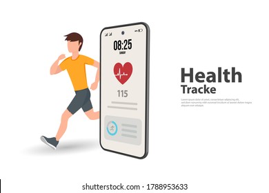 Fitness tracking app on mobile phone screen vector illustration flat cartoon style, smartphone with heart rate tracker and running. a young man running for heart rate tracker. sport tech on cellphone