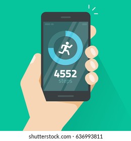 Fitness tracking app on mobile phone screen vector illustration flat cartoon style, smartphone with run tracker, running or walk steps counter sport tech on cellphone