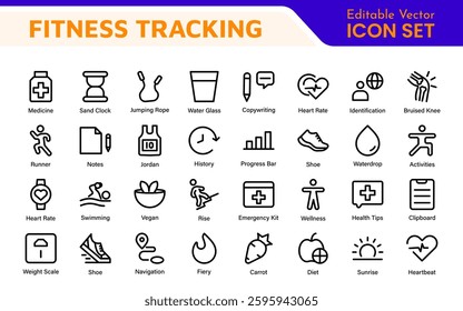 Fitness Tracking Exercise Icons – Modern Outline Symbol Set for Training and Performance Monitoring