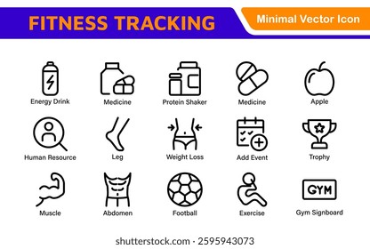 Fitness Tracking Exercise Icons – Modern Outline Symbol Set for Training and Performance Monitoring