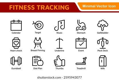 Fitness Tracking Exercise Icons – Modern Outline Symbol Set for Training and Performance Monitoring