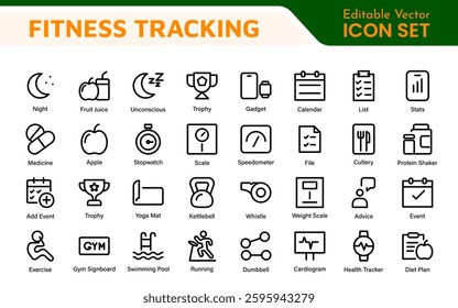 Fitness Tracking Exercise Icons – Modern Outline Symbol Set for Training and Performance Monitoring