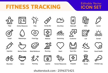 Fitness Tracking Exercise Icons – Modern Outline Symbol Set for Training and Performance Monitoring