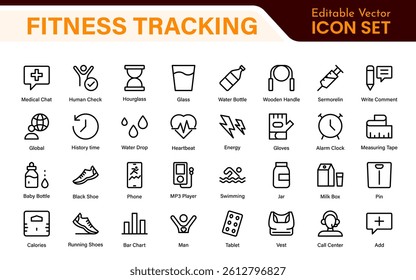 Fitness Tracking Exercise Icons – Modern Outline Symbol Set for Training and Performance Monitoring