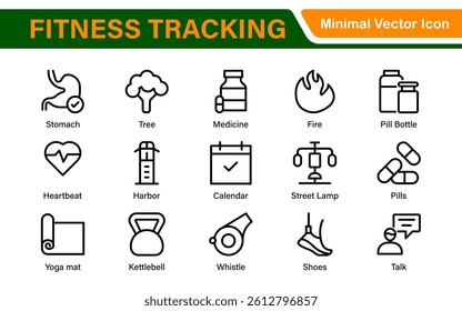 Fitness Tracking Exercise Icons – Modern Outline Symbol Set for Training and Performance Monitoring