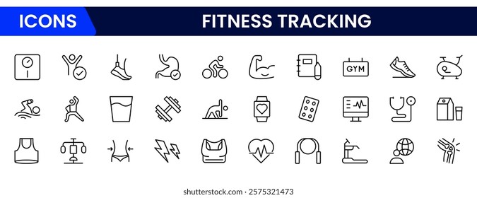 Fitness Tracking Icon Set. Clean and modern icons for fitness, wellness, and medical apps, perfect for tracking workouts, nutrition, and overall well-being in a user-friendly way.