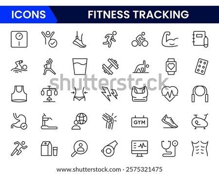 Fitness Tracking Icon Set. Clean and modern icons for fitness, wellness, and medical apps, perfect for tracking workouts, nutrition, and overall well-being in a user-friendly way.