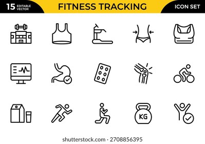 Symbolsatz für die Fitness-Nachverfolgungslinie. Saubere und moderne Symbole für Fitness-, Wellness- und medizinische Apps, perfekt für Tracking-Workouts. Paket mit dünnen Gliederungssymbolen. Vektorgrafik