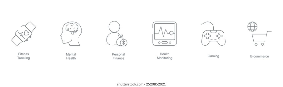 Seguimiento de la aptitud, salud mental, finanzas personales, monitoreo de la salud, juegos y comercio electrónico conjunto de iconos