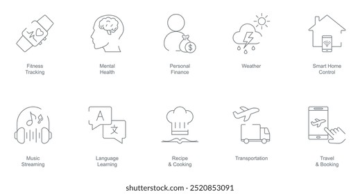 Fitness Tracking, Mental Health, Personal Finance, Weather, Smart Home Control, Music Streaming, Language Learning, Recipe and Cooking, Transportation, and Travel Booking Icon Set